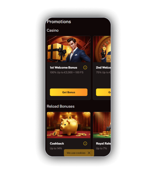 Wild Royal-promotieoverzicht met kaarten voor bonusstappen en free spins.
